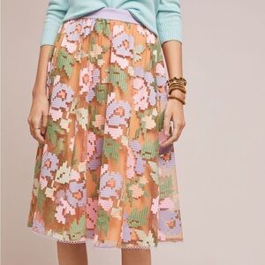 Anthropologie Maeve Pixilated Tulle Midi Skirt Purple Pink Tulle Embroidered XS